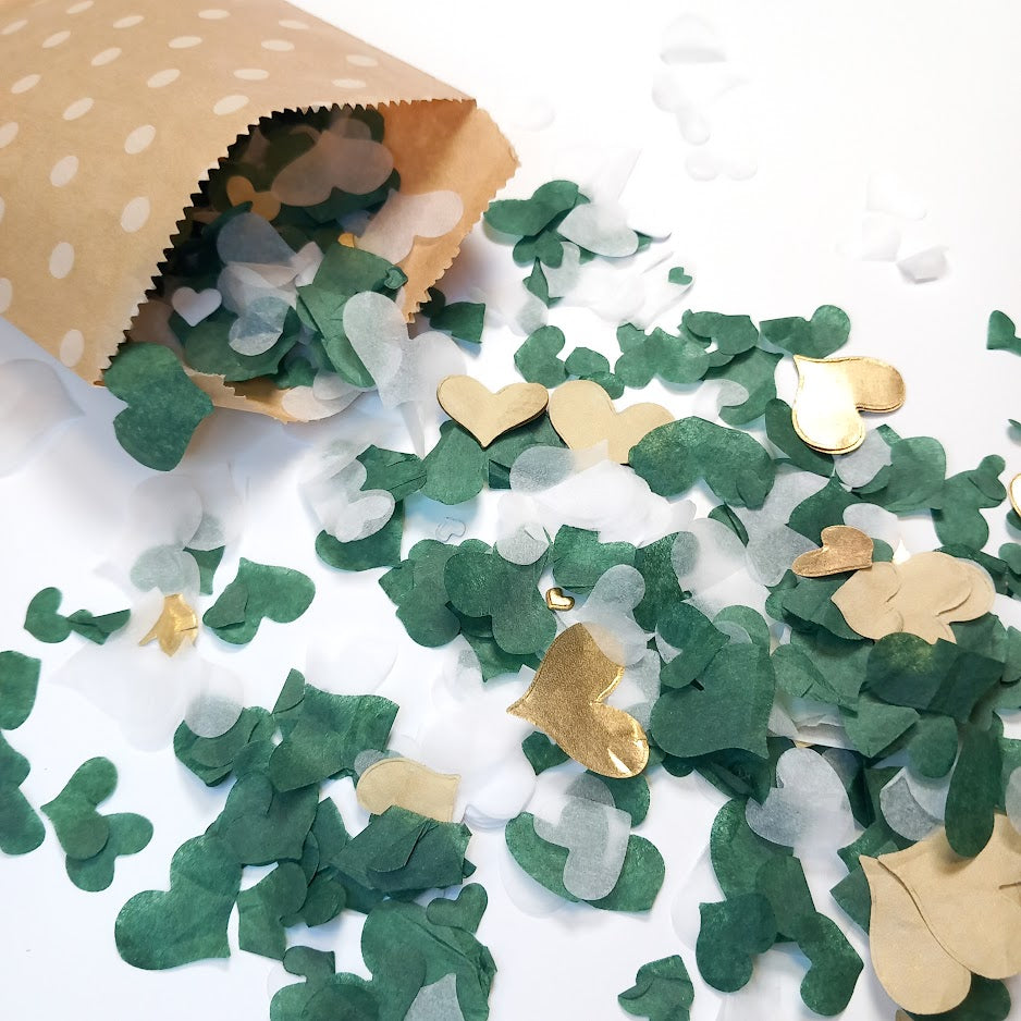 Biodegradable Wedding Confetti - Circles or Hearts - Deep Green, Gold and White