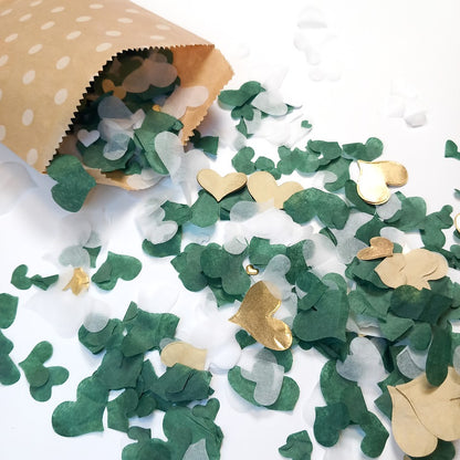 Biodegradable Wedding Confetti - Circles or Hearts - Deep Green, Gold and White