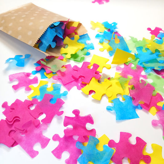 Biodegradable Jigsaw Confetti - Fiesta Blue, Yellow, Fuchsia Pink, Apple Green