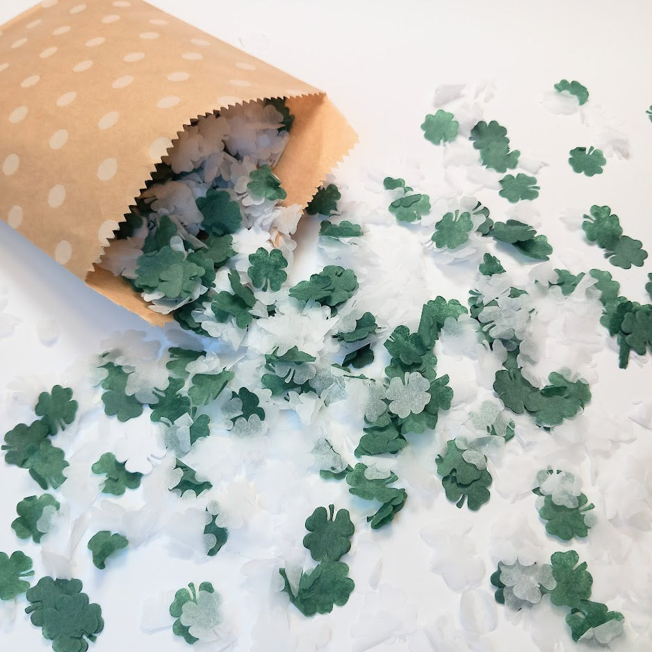 Biodegradable Tissue Paper Shamrock 4 leaf clover Wedding Confetti - Deep Green and White