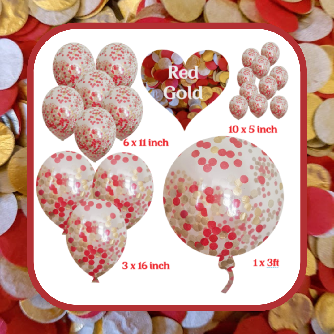 Confetti Filled Balloons with Free Ribbon - Gold and Red