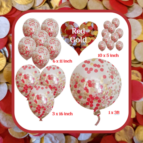 Confetti Filled Balloons with Free Ribbon - Gold and Red