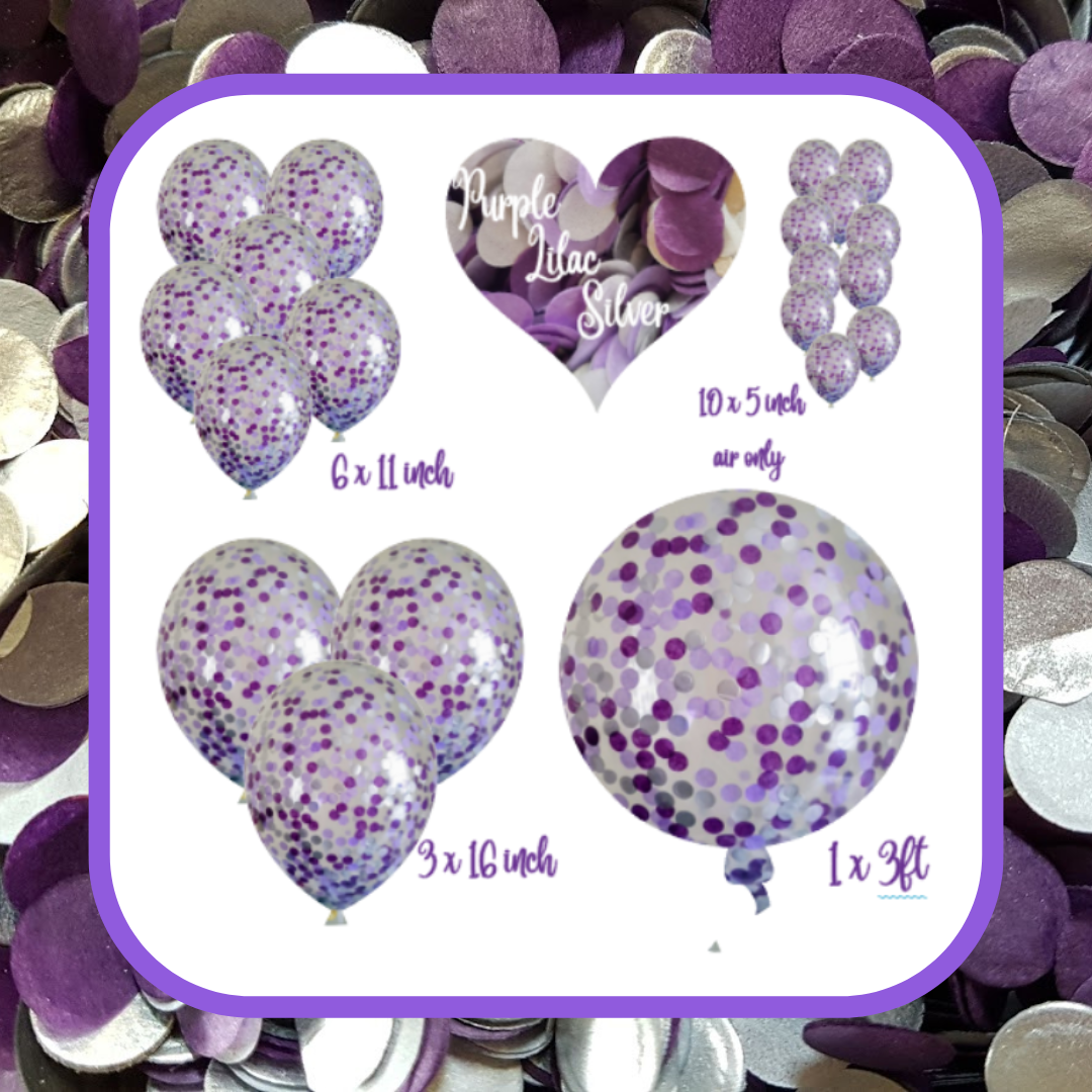 Confetti Filled Balloons with Free Ribbon - Dark Purple Lilac and Silver